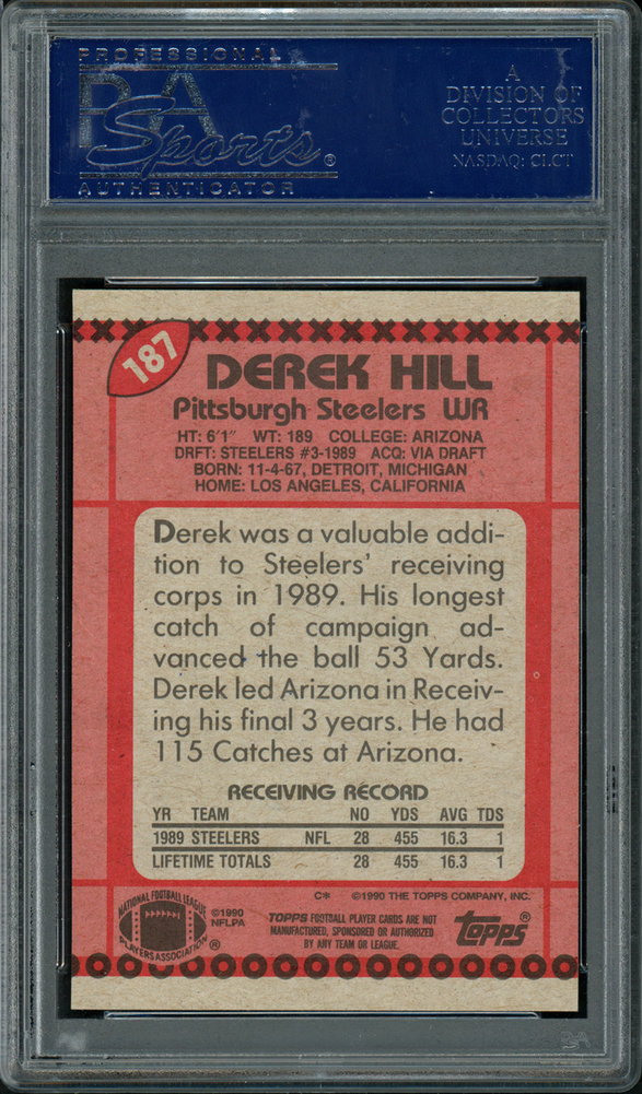 Derek Hill Autographed 1990 Topps Rookie Card #187 Pittsburgh Steelers PSA/DNA Image a