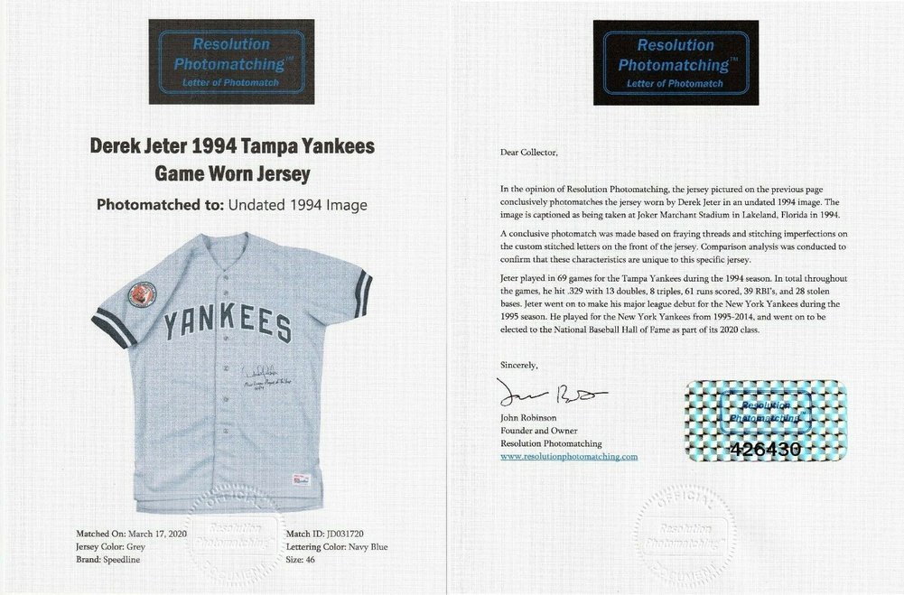 Derek Jeter Autographed Signed Earliest Game Used Photo Matched New York Yankees Jersey JSA Image a