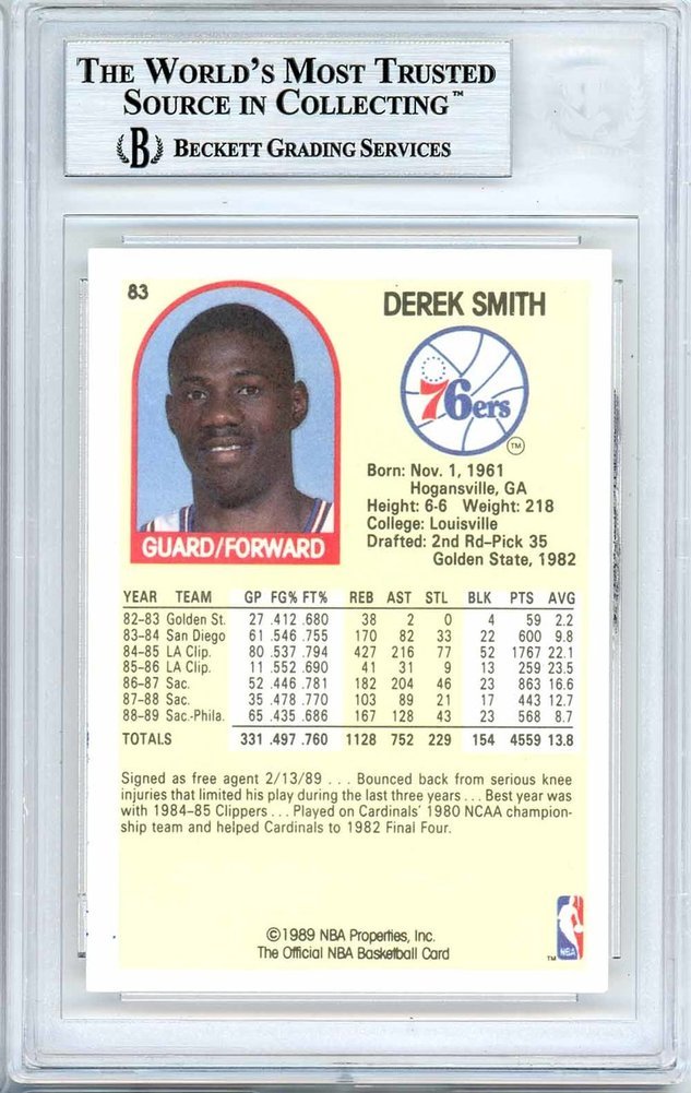 Derek Smith Autographed 1989-90 Hoops Card #83 Philadelphia 76Ers Beckett Beckett Image a