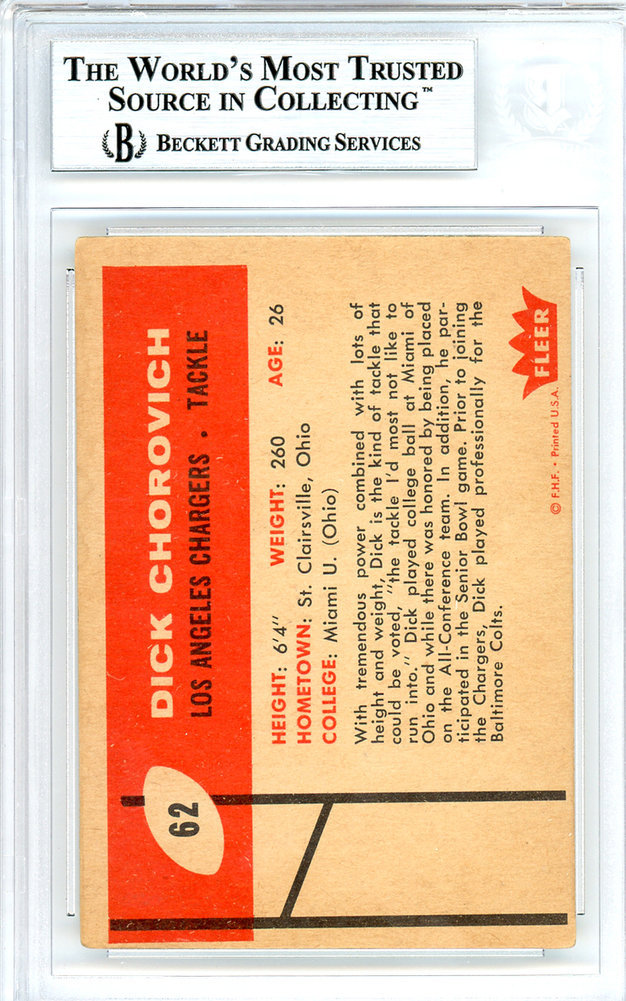 Dick Chorovich Autographed Signed 1960 Fleer Rookie Card #62 Los Angeles Chargers Beckett Beckett Image a