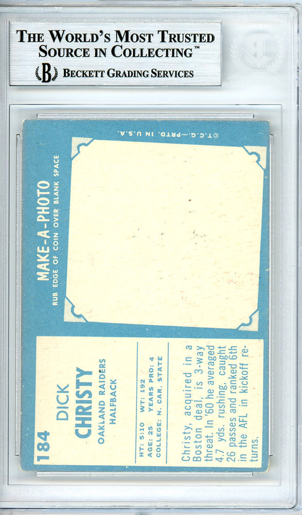 Dick Christy Autographed 1961 Topps Rookie Card #184 Oakland Raiders Beckett Beckett Image a