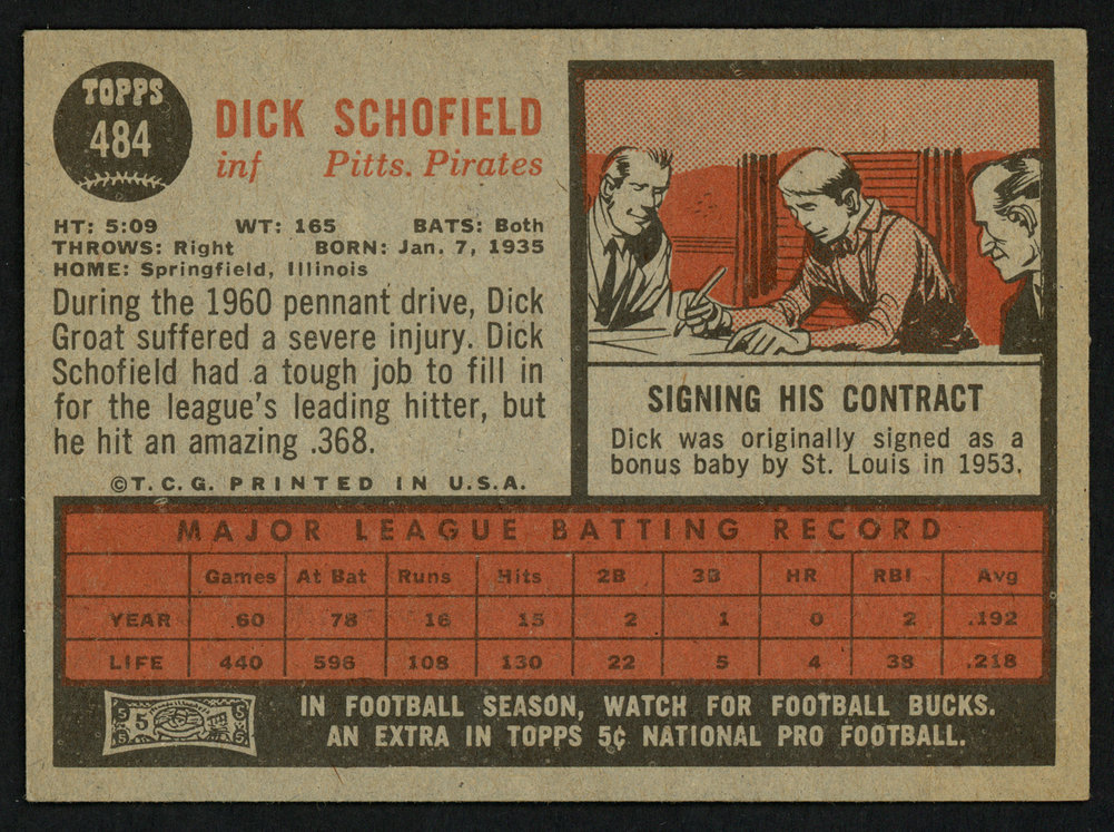 Dick Schofield Autographed 1962 Topps Card #484 Pittsburgh Pirates #150020 Image a