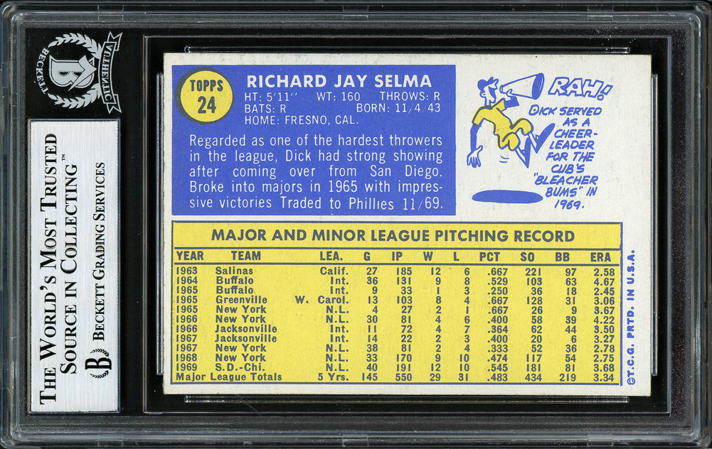 Dick Selma Autographed 1970 Topps Card #24 Philadelphia Phillies Beckett Beckett Image a