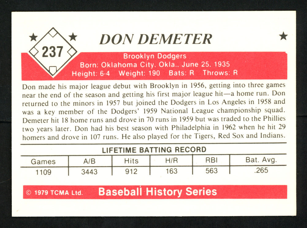 Don Demeter Autographed 1979 Tcma Card #237 Brooklyn Dodgers #153633 Image a