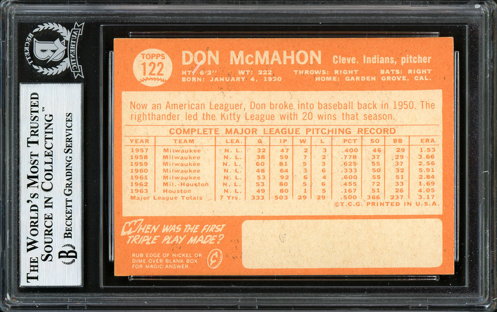 Don Mcmahon Autographed 1964 Topps Card #122 Cleveland Indians Beckett Beckett Image a