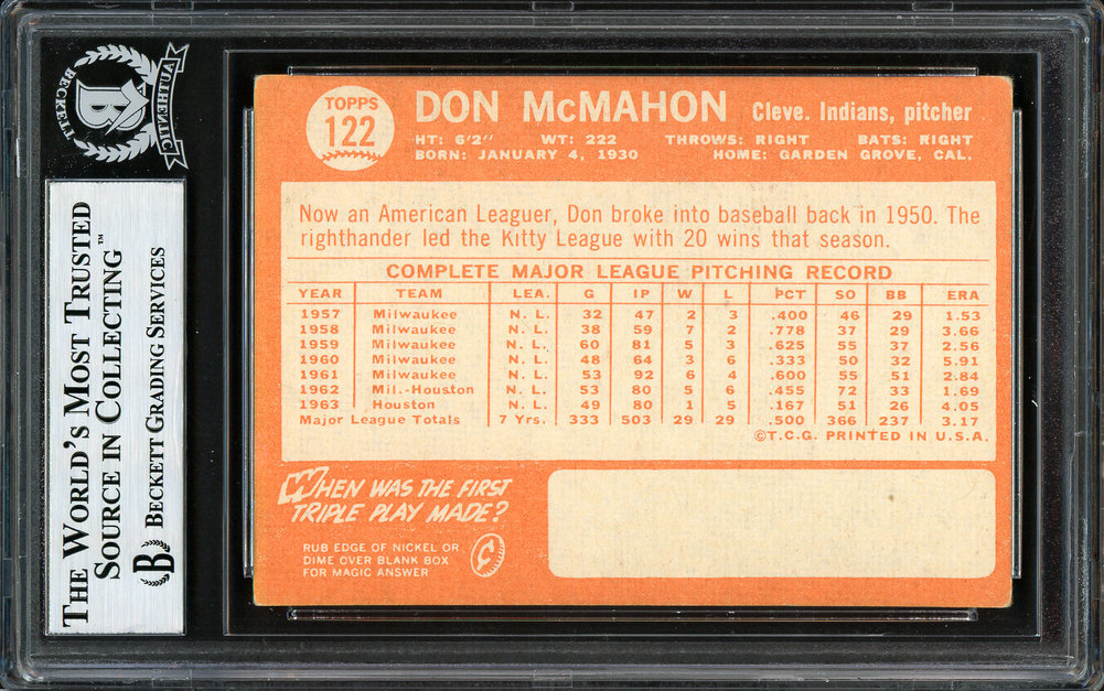 Don Mcmahon Autographed 1964 Topps Card #122 Cleveland Indians Beckett Beckett Image a