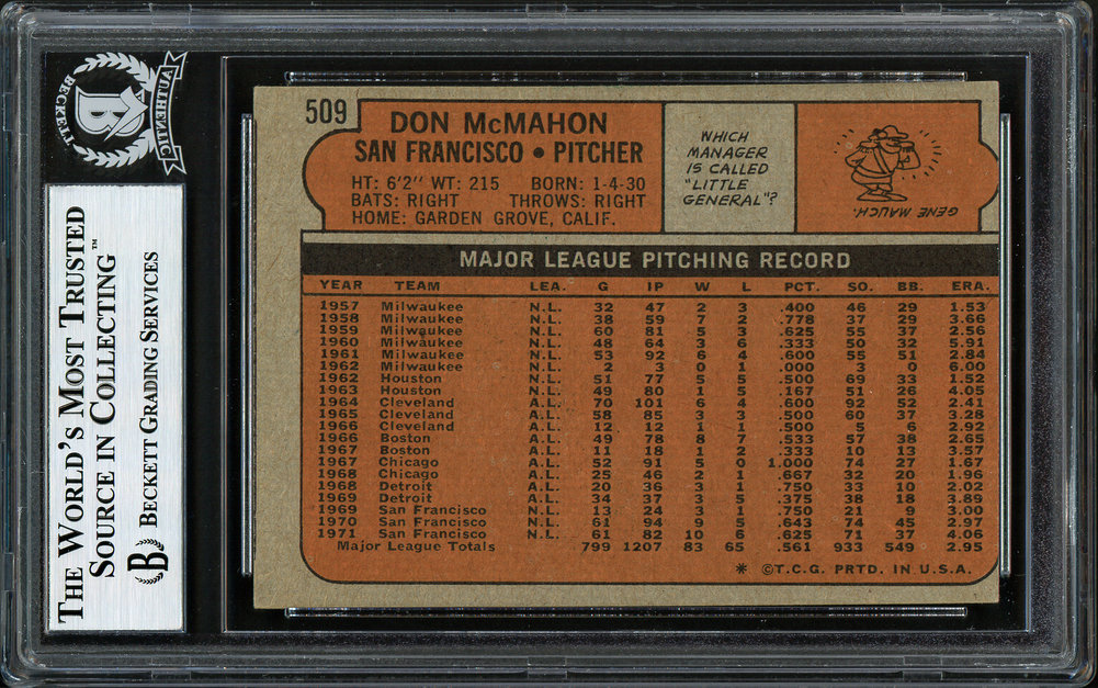 Don Mcmahon Autographed 1972 Topps Card #509 San Francisco Giants Beckett Beckett Image a