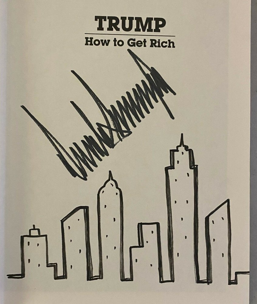 Donald Trump Autographed Signed President How To Get Rich Book Nyc Skyline Drawing JSA Image a