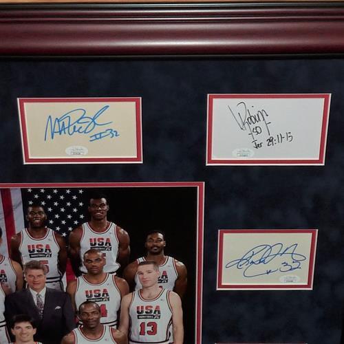 Dream Team Autographed Signed 1992 Barcelona Olympics Usa Basketball Deluxe Framed Piece With 16X20 Photo - Coach Daly And 12 Members - JSA Image a