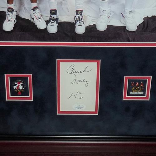 Dream Team Autographed Signed 1992 Barcelona Olympics Usa Basketball Deluxe Framed Piece With 16X20 Photo - Coach Daly And 12 Members - JSA Image a