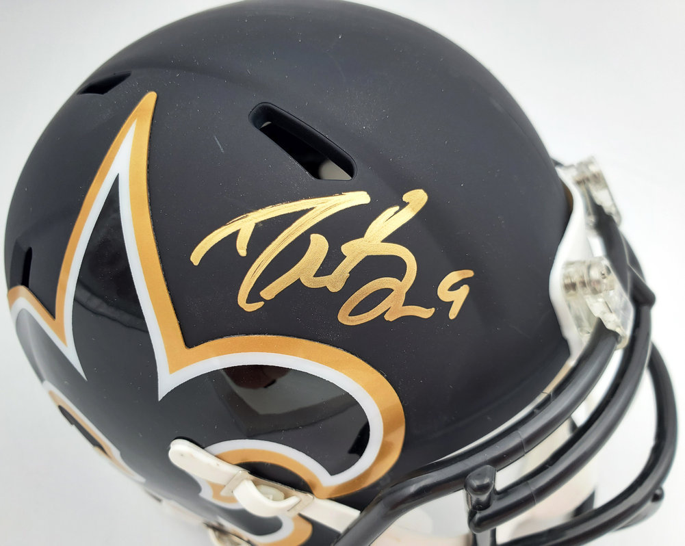 Drew Brees Autographed Signed New Orleans Saints Amp Black Speed Mini Helmet In Gold Beckett Beckett Image a