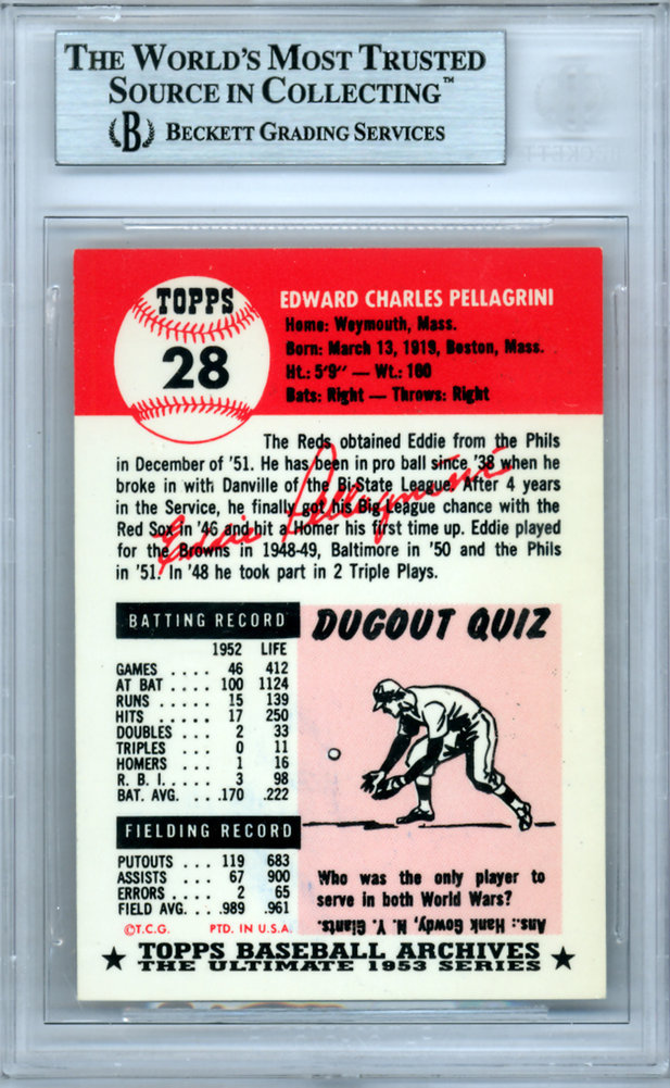 Eddie Pellagrini Autographed Signed 1953 Topps Archives Card #28 Cincinnati Reds Beckett Beckett Image a