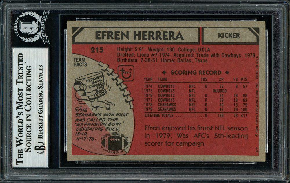 Efren Herrera Autographed 1980 Topps Card #215 Seattle Seahawks Beckett Beckett Image a