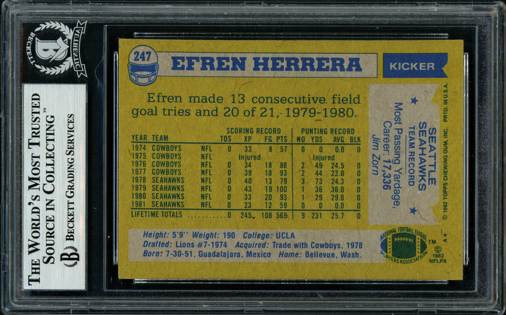 Efren Herrera Autographed 1982 Topps Card #247 Seattle Seahawks Beckett Beckett Image a