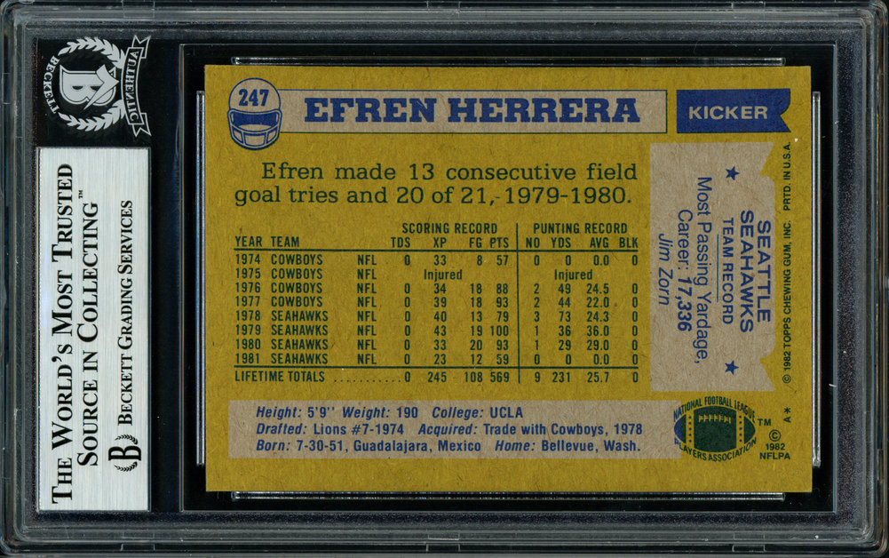 Efren Herrera Autographed 1982 Topps Card #247 Seattle Seahawks Beckett Beckett Image a