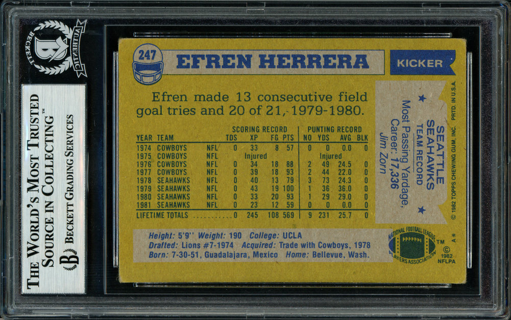 Efren Herrera Autographed 1982 Topps Card #247 Seattle Seahawks Beckett Beckett Image a