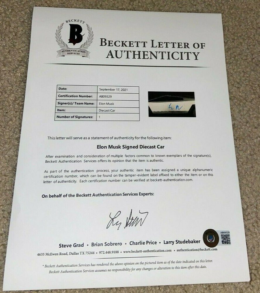 Elon Musk Autographed Signed 1:10 Tesla Cybertruck Hot Wheels Premium Le Space X Beckett Beckett Image a
