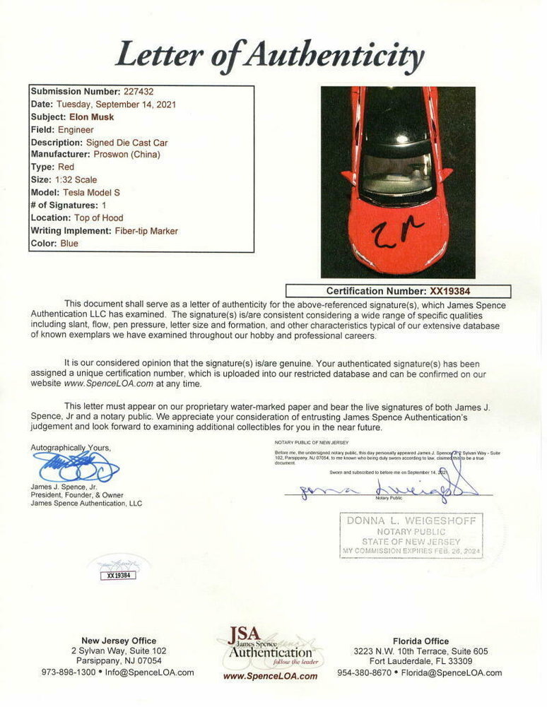 Elon Musk Autographed Signed Autograph 1:32 Diecast Tesla Model S (Red) Car JSA & Acoa Image a