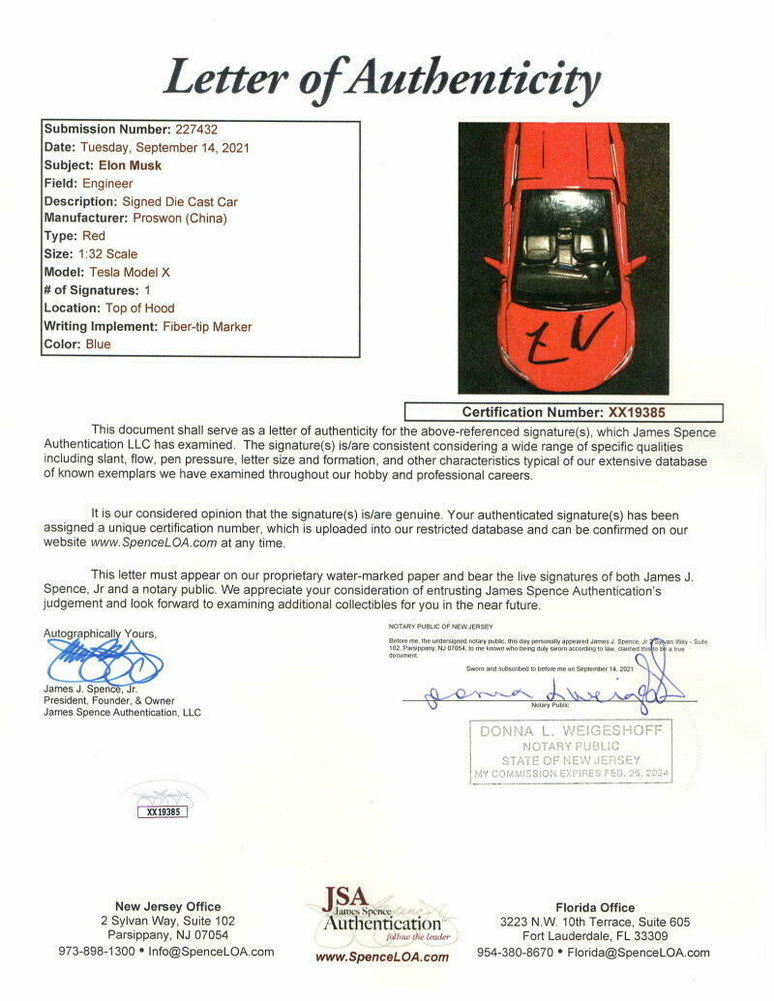 Elon Musk Autographed Signed Autograph 1:32 Diecast Tesla Model X (Red) Car - Very JSA Image a