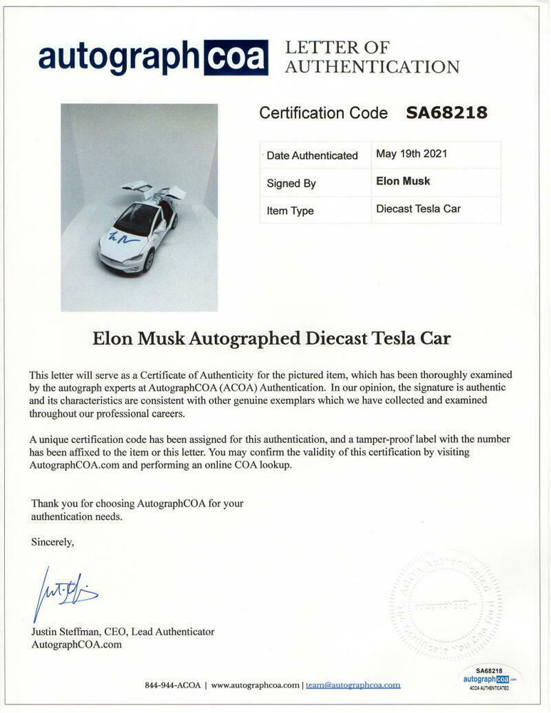 Elon Musk Autographed Signed Autograph 1:32 Diecast Tesla Model X White Car - Acoa JSA Image a