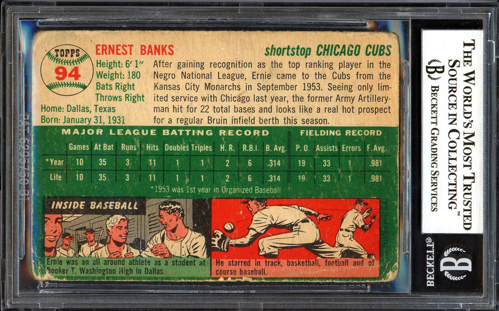 Ernie Banks Autographed Signed 1954 Topps Card #94 Chicago Cubs Vintage Rookie Era Signature Beckett Beckett Image a