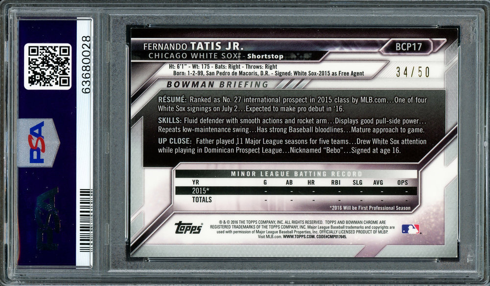 Fernando Tatis Jr. Autographed Signed . 2016 Bowman Prospects Chrome Gold Refractor Rookie Card #Bcp17 San Diego Padres PSA Auto Grade Gem Mint 10 #/50 PSA/DNA Image a