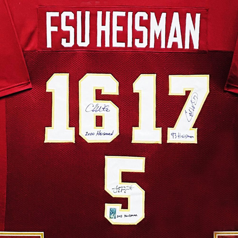 Florida State Seminoles 3 Heisman Trophy Winners Autographed Signed Deluxe Framed Jersey with Charlie Ward 93 Heisman Chris Weinke 2000 Heisman and Jameis Winston 2013 Heisman - Certified Authentic Image a