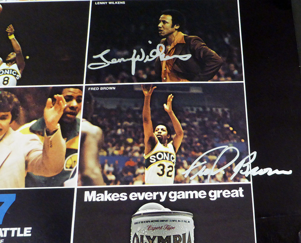 1978-79 NBA Champions Seattle Supersonics Autographed Signed 17X22 Poster Photo With 9 Total Signatures Including Fred Brown & Lenny Wilkens Mcs Holo #51048 Image a