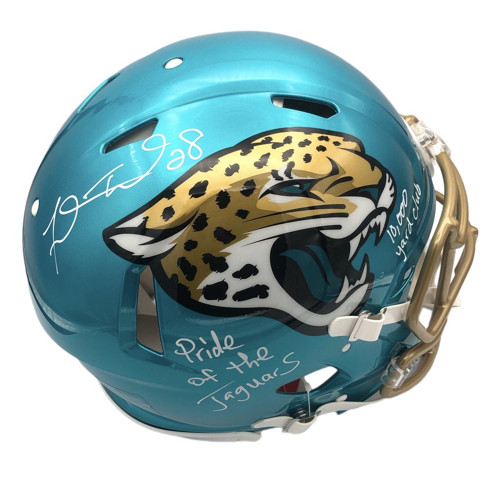 Fred Taylor Autographed Jacksonville Jaguars Riddell FLASH Speed Full Size Authentic Helmet with "10,000 Yard Club" & Pride of the Jaguars Ins - JSA Image a