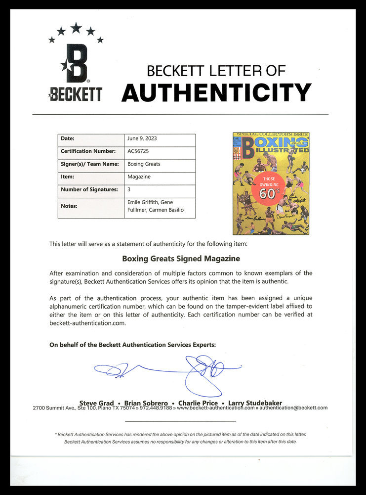 Gene Fullmer, Carmen Basilia & Emile Griffith Autographed Boxing Illustrated Magazine Beckett Beckett Image a