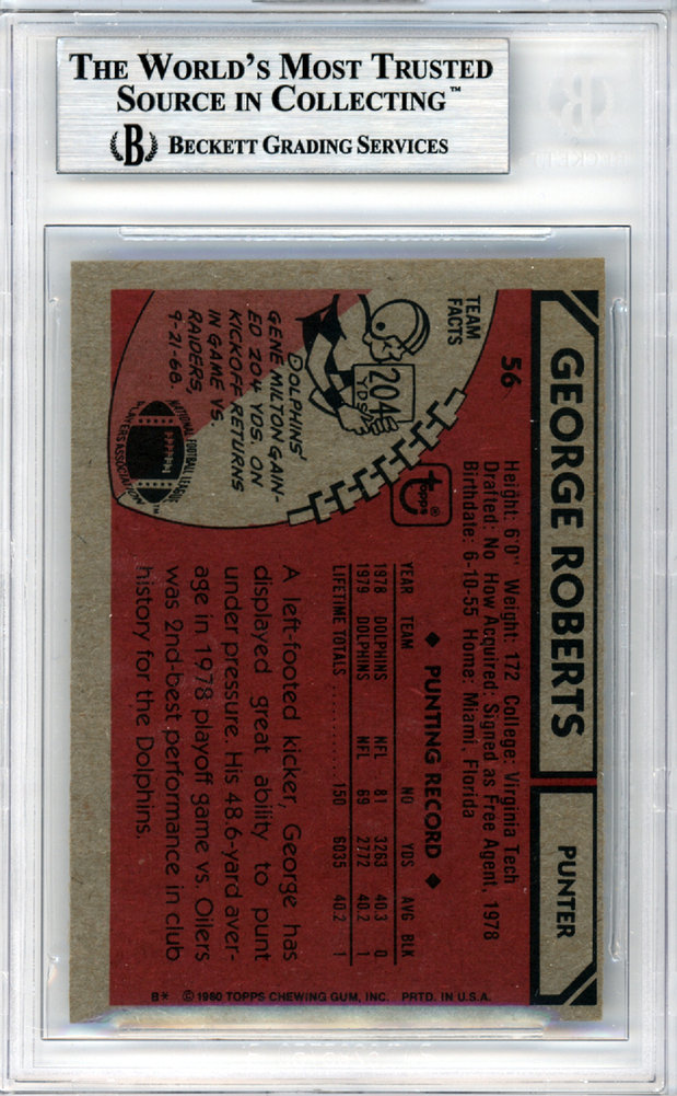 George Roberts Autographed 1980 Topps Card #56 Miami Dolphins Beckett Beckett Image a