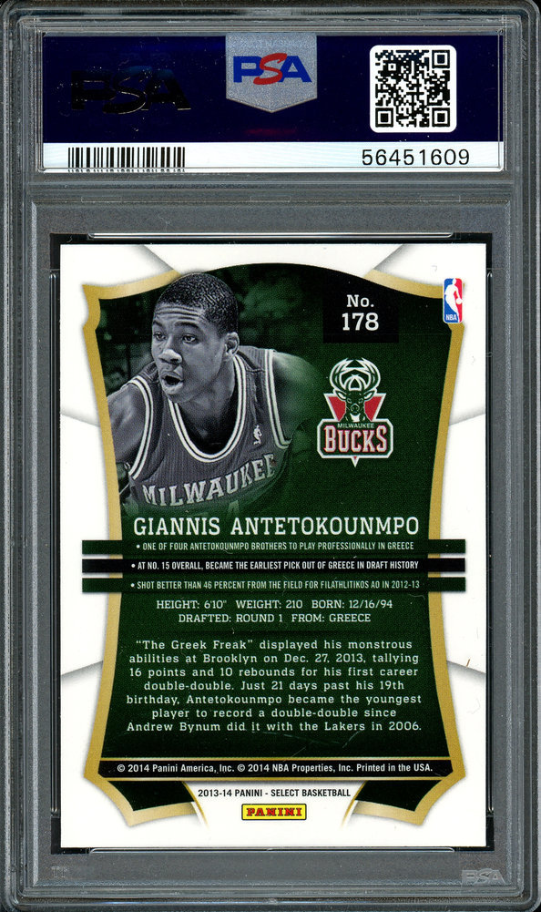 Giannis Antetokounmpo Autographed Signed 2013 Panini Select Rookie Card #178 Milwaukee Bucks PSA Auto Grade Gem Mint 10 Greek Freak PSA/DNA Image a