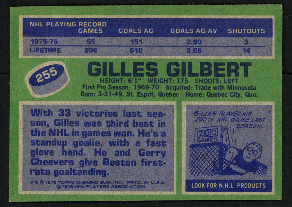 Gilles Gilbert Autographed 1976-77 Topps Card #255 Boston Bruins #150200 Image a