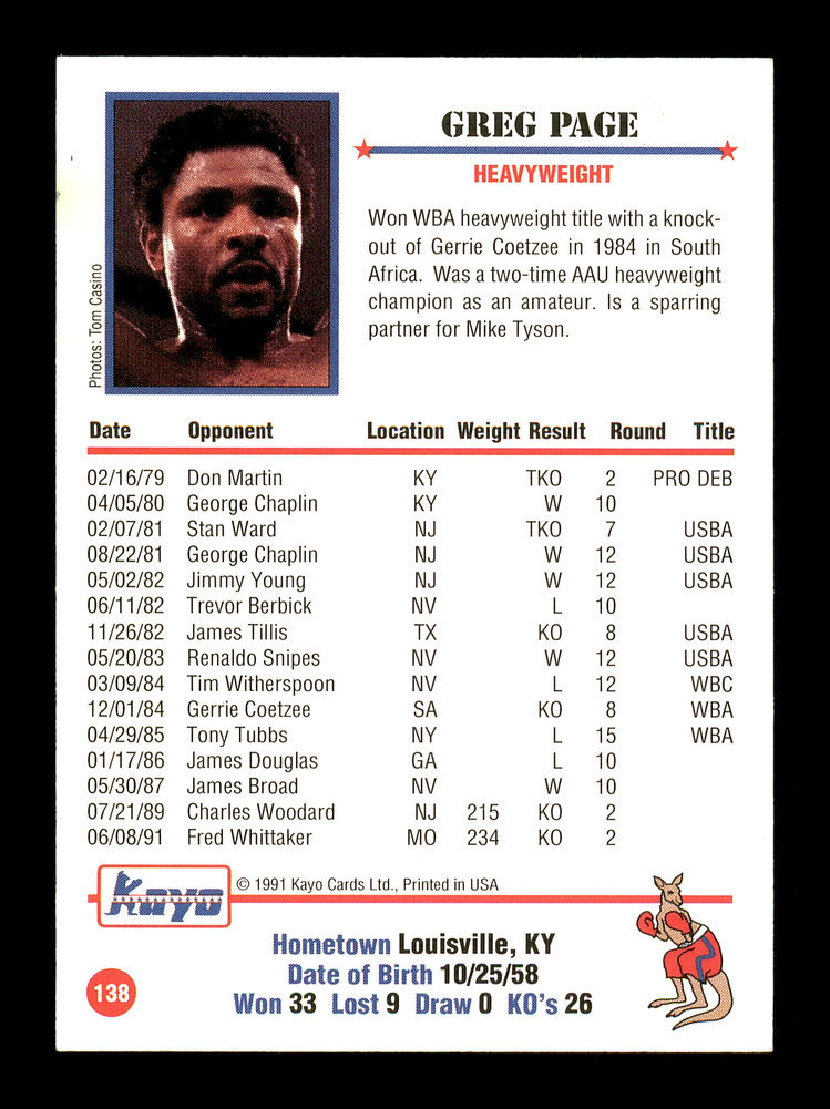 Greg Page Autographed 1991 Kayo Rookie Card #138 Four Champ #167220 Image a