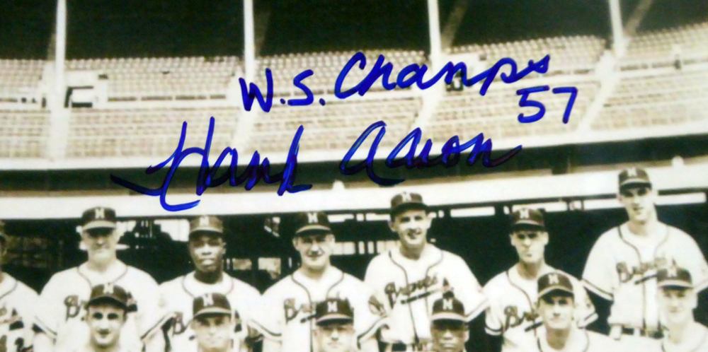 Hank Aaron Autographed 11X14 Photo Milwaukee Braves "Ws Champs 57" JSA Image a