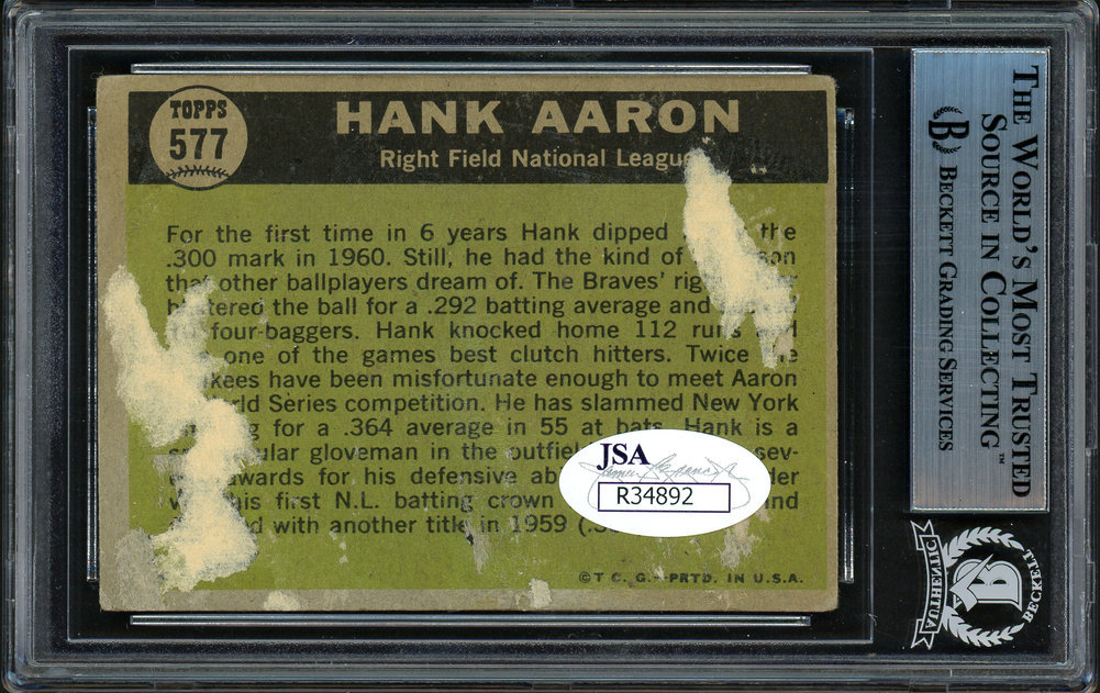 Hank Aaron Autographed Signed 1961 Topps Card #577 Milwaukee Braves Beckett Beckett Image a