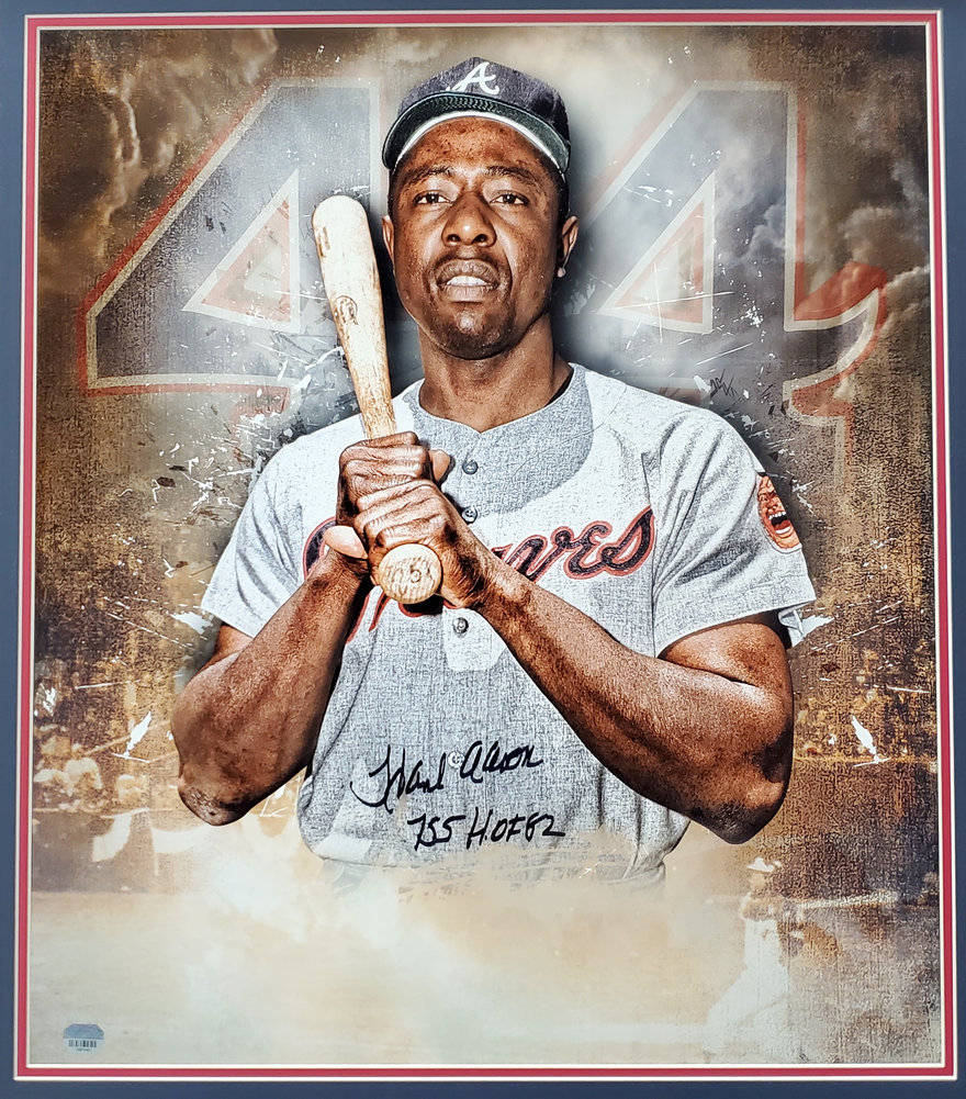 Hank Aaron Autographed Framed 20X24 Photo Atlanta Braves "755 HOF 82" Fanatics Image a