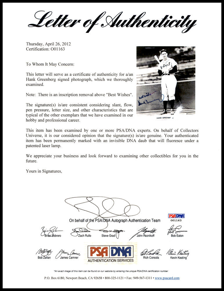 Hank Greenberg Autographed Framed 8X10 Photo Detroit Tigers "Best Wishes" PSA/DNA Image a