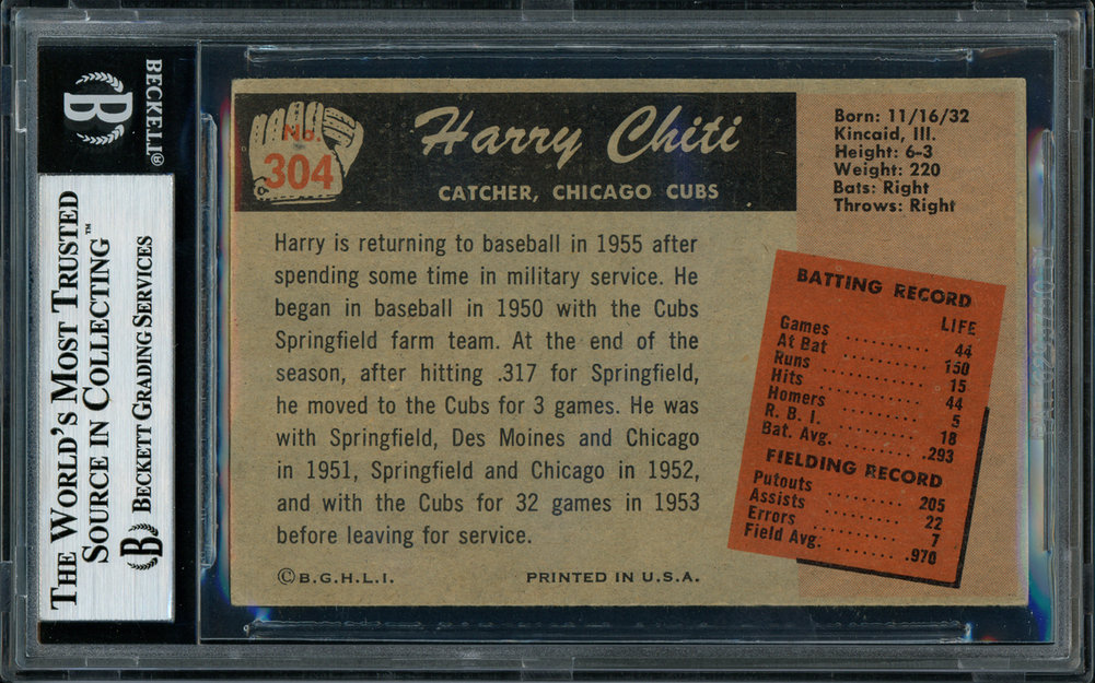 Harry Chiti Autographed 1955 Bowman Card #304 Chicago Cubs Beckett Beckett Image a