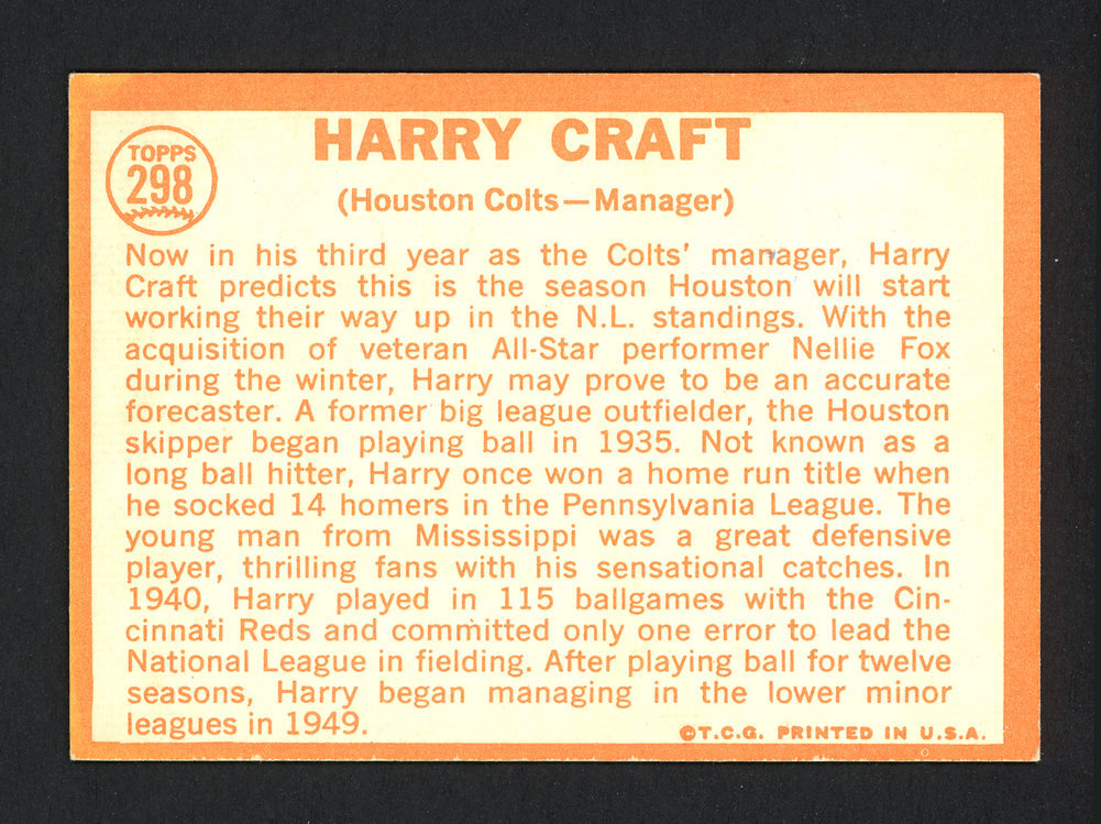 Harry Craft Autographed 1964 Topps Card #298 Houston Colt .45'S #162274 Image a