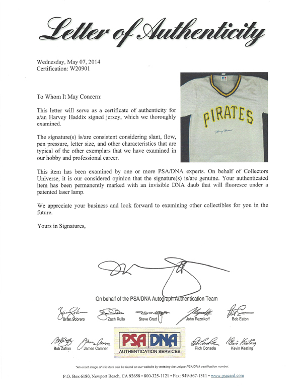 Pittsburgh Pirates Harvey Haddix Autographed Gray Jersey PSA/DNA Image a