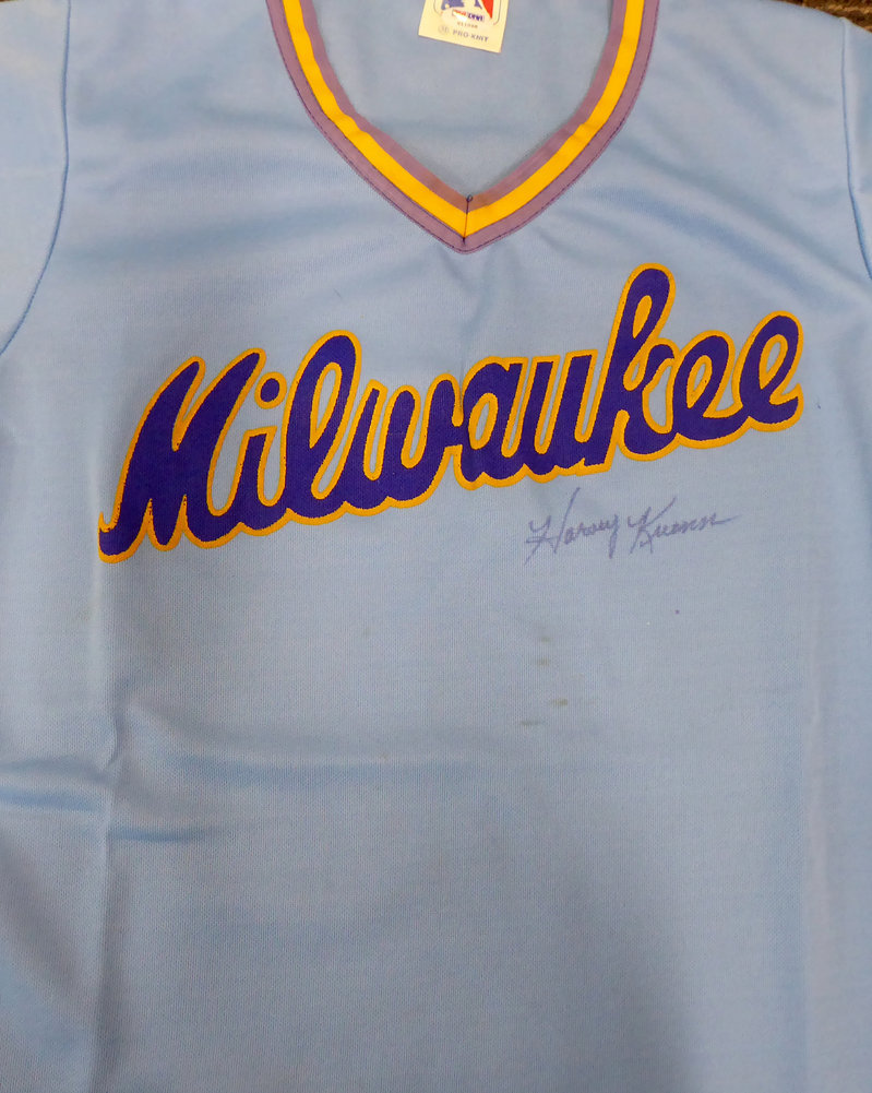 Milwaukee Brewers Harvey Kuenn Autographed Blue Jersey (Stain) PSA/DNA Image a