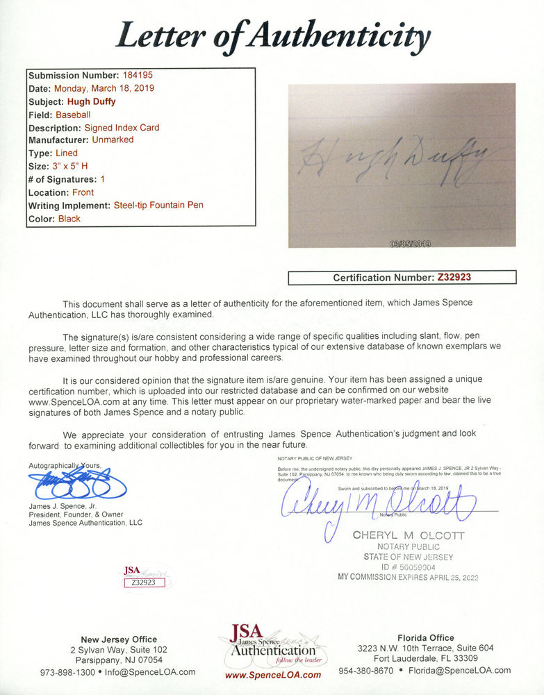 Hugh Duffy Autographed 3X5 Index Card Boston Red Sox JSA Image a