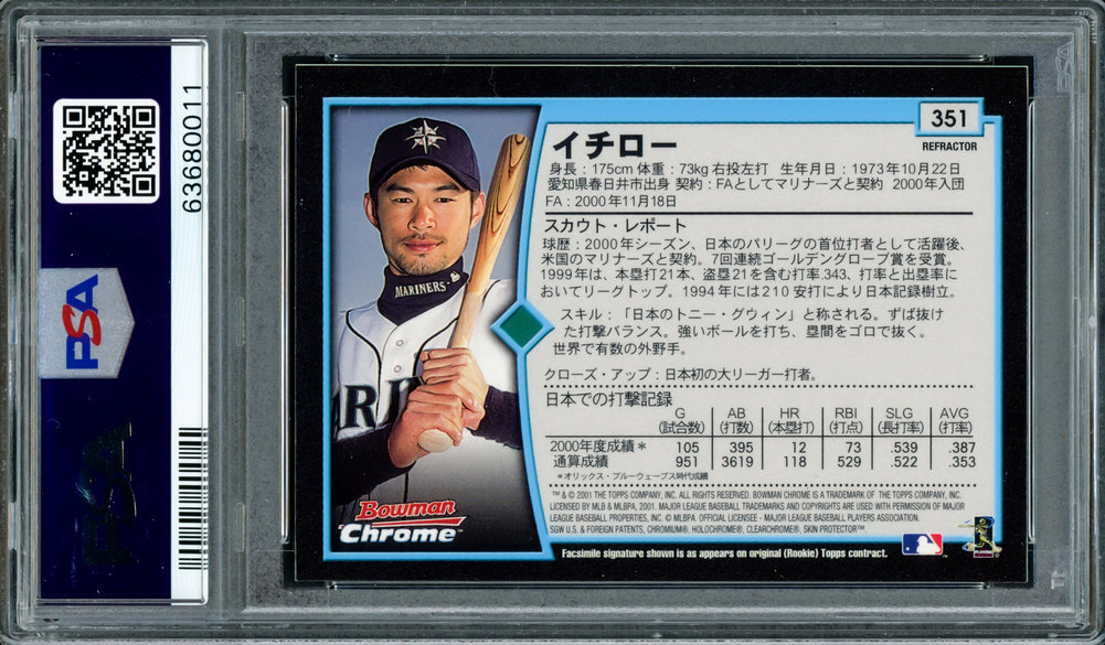 Ichiro Autographed Signed 2001 Bowman Chrome Refractor Japanese Rookie Card #351 Seattle Mariners PSA Auto Grade Gem Mint 10 01 Roy/MVP PSA/DNA Image a