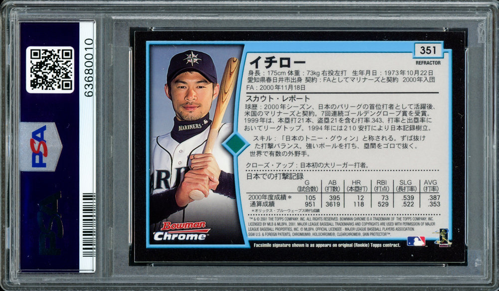 Ichiro Autographed Signed 2001 Bowman Chrome Refractor Japanese Rookie Card #351 Seattle Mariners PSA Auto Grade Gem Mint 10 01 Roy/MVP PSA/DNA Image a