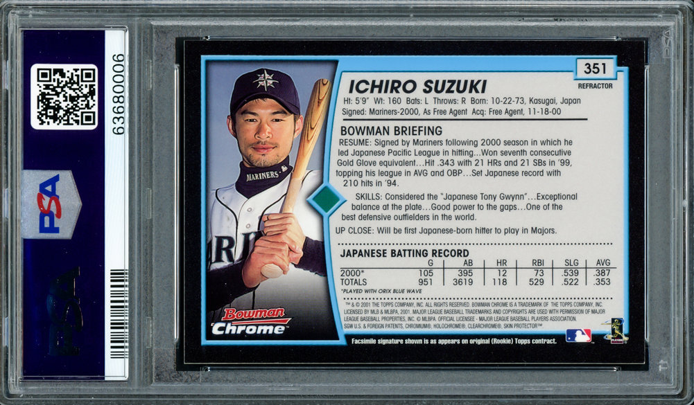 Ichiro Suzuki Autographed Signed 2001 Bowman Chrome Refractor Rookie Card #351 Seattle Mariners PSA Auto Grade Gem Mint 10 "01 Roy/MVP" PSA/DNA Image a