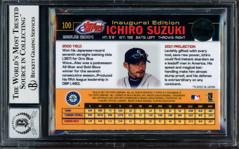 Ichiro Suzuki Autographed 2001 eTopps Rookie Card #100 Seattle Mariners  Auto Grade Gem Mint 10 Beckett BAS #14129128