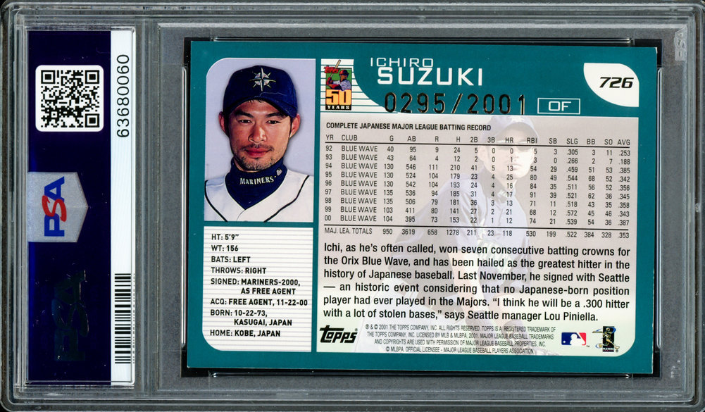 Ichiro Suzuki Autographed Signed 2001 Topps Gold Rookie Card #726 Seattle Mariners PSA Auto Grade Gem Mint 10 "01 Roy/MVP" #295/2001 PSA/DNA Image a