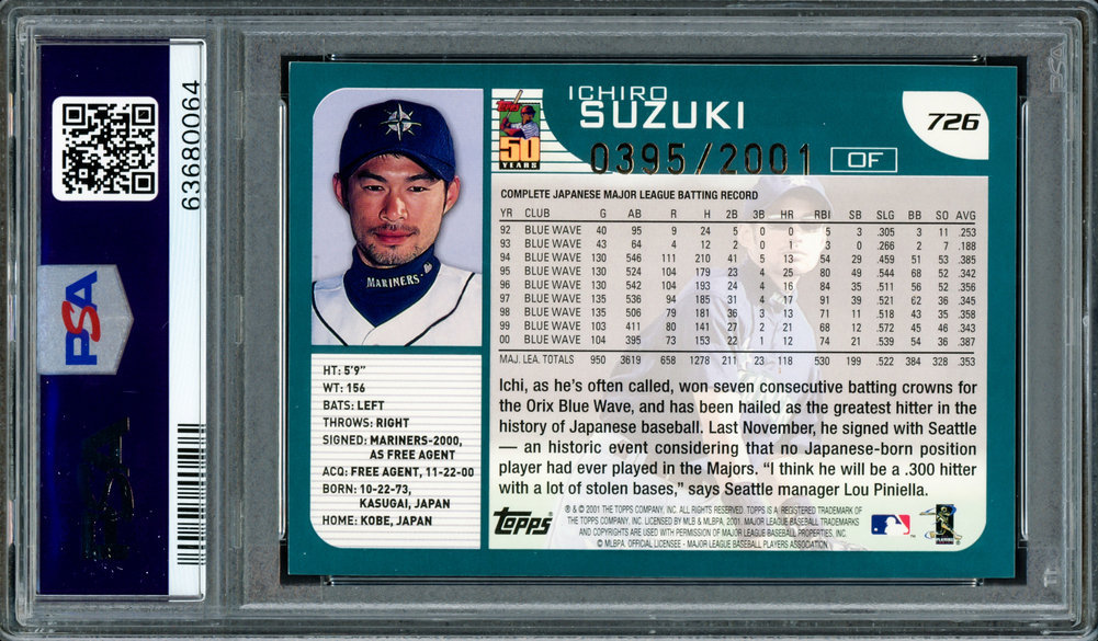 Ichiro Autographed Signed 2001 Topps Gold Rookie Card #726 Seattle Mariners PSA Auto Grade Gem Mint 10 01 Roy/MVP Highest Graded PSA/DNA Image a