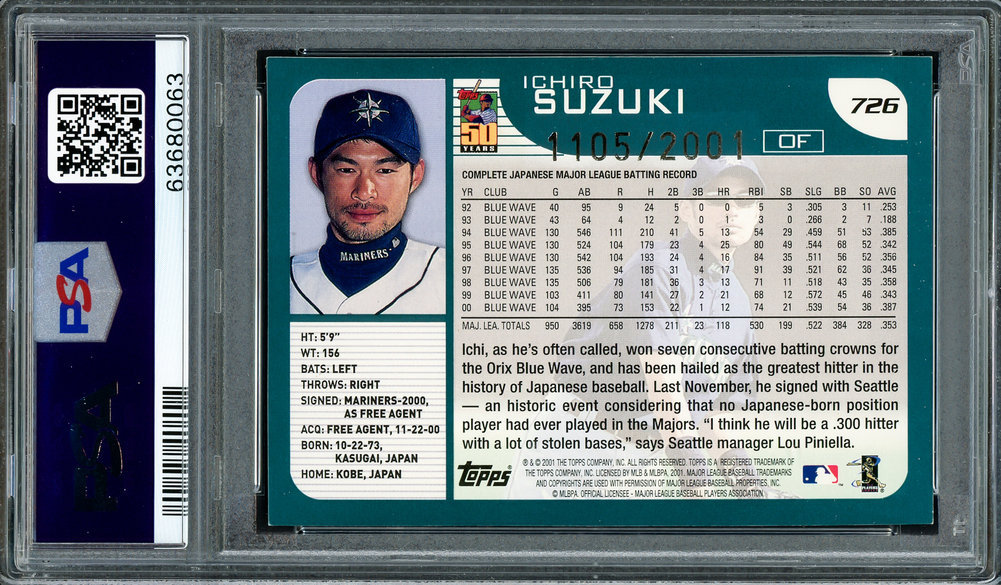 Ichiro Autographed Signed 2001 Topps Gold Rookie Card #726 Seattle Mariners PSA Auto Grade Gem Mint 10 01 Roy MVP PSA/DNA Image a